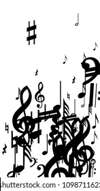 Black Musical Notes on White Background.  Vertical Orientation. Many Random Falling Bass, Treble Clef and Notes. Vector Musical Symbols.  Jazz Background. Abstract White and Black Vector Background.