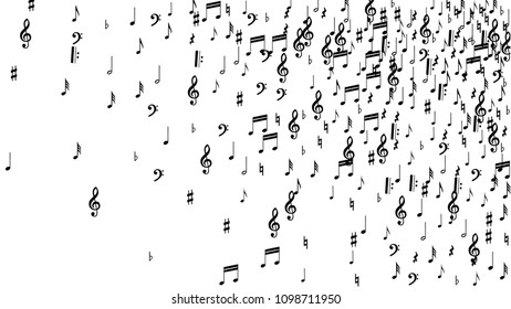 Black Musical Notes on White Background.  Many Random Falling Notes, Bass and Treble Clef. Vector Musical Symbols.  Jazz Background. Abstract White and Black Vector Background.