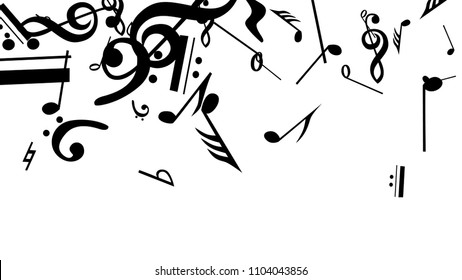 Black Musical Notes on White Background.  Many Random Falling Notes, Bass and Treble Clef. Vector Musical Symbols.  Jazz Background. Abstract White and Black Vector Background.