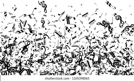 Black Musical Notes on White Background.  Many Random Falling Bass, Treble Clef and Notes. Vector Musical Symbols.  Jazz Background. Abstract Black and White Vector Background.