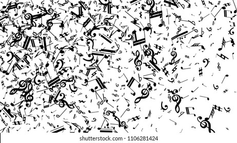 Black Musical Notes on White Background.  Many Random Falling Notes, Bass and Treble Clef. Vector Musical Symbols.  Jazz Background. Abstract Black and White Vector Background.