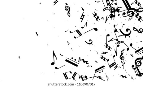 Black Musical Notes on White Background.  Many Random Falling Bass, Treble Clef and Notes. Vector Musical Symbols.  Jazz Background. Abstract Black and White Vector Background.
