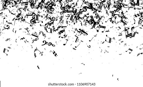 Black Musical Notes on White Background.  Many Random Falling Bass, Treble Clef and Notes. Vector Musical Symbols.  Jazz Background. Abstract White and Black Vector Background.