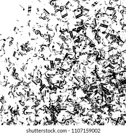 Black Musical Notes on White Background.  Many Random Falling Notes, Bass and Treble Clef. Vector Musical Symbols.  Abstract White and Black Vector Background. Jazz Background. 