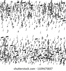 Black Musical Notes on White Background.  Many Random Falling Notes, Bass and Treble Clef. Vector Musical Symbols.  Jazz Background. Abstract White and Black Vector Background.