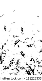 Black Musical Notes on White Background.  Vertical Orientation. Many Random Falling Bass, Treble Clef and Notes. Vector Musical Symbols.  Abstract White and Black Vector Background. Jazz Background. 