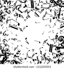 Black Musical Notes on White Background.  Many Random Falling Bass, Treble Clef and Notes. Vector Musical Symbols.  Abstract White and Black Vector Background. Jazz Background. 