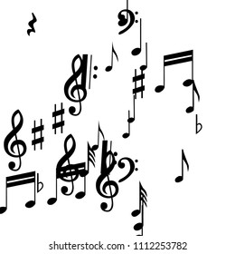 Black Musical Notes on White Background.  Many Random Falling Bass, Treble Clef and Notes. Vector Musical Symbols.  Abstract White and Black Vector Background. Jazz Background. 