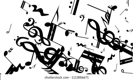 Black Musical Notes on White Background.  Many Random Falling Notes, Bass and Treble Clef. Vector Musical Symbols.  Jazz Background. Abstract White and Black Vector Background.