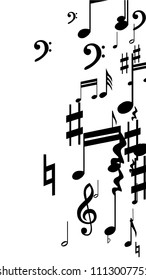 Black Musical Notes on White Background.  Vertical Orientation. Many Random Falling Notes, Bass and Treble Clef. Vector Musical Symbols.  Jazz Background. Abstract Black and White Vector Background.