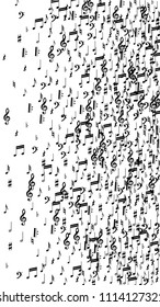 Black Musical Notes on White Background.  Vertical Orientation. Many Random Falling Notes, Bass and Treble Clef. Vector Musical Symbols.  Jazz Background. Abstract Black and White Vector Background.