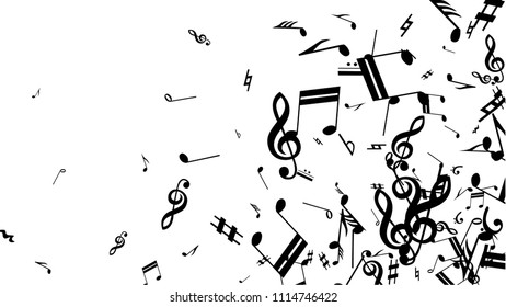 Black Musical Notes on White Background.  Many Random Falling Notes, Bass and Treble Clef. Vector Musical Symbols.  Jazz Background. Abstract White and Black Vector Background.