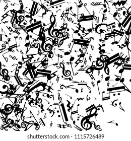Black Musical Notes on White Background.  Many Random Falling Notes, Bass and Treble Clef. Vector Musical Symbols.  Jazz Background. Abstract Black and White Vector Background.