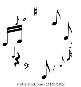 Black Musical Notes on White Background.  Many Random Falling Bass, Treble Clef and Notes. Vector Musical Symbols.  Jazz Background. Abstract Black and White Vector Background.