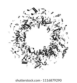 Black Musical Notes on White Background.  Many Random Falling Bass, Treble Clef and Notes. Vector Musical Symbols.  Jazz Background. Abstract White and Black Vector Background.