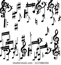 Black Musical Notes on White Background.  Many Random Falling Notes, Bass and Treble Clef. Vector Musical Symbols.  Jazz Background. Abstract Black and White Vector Background.