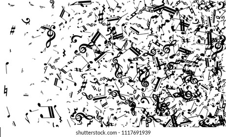 Black Musical Notes on White Background.  Many Random Falling Bass, Treble Clef and Notes. Vector Musical Symbols.  Abstract White and Black Vector Background. Jazz Background. 