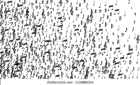 Black Musical Notes on White Background.  Many Random Falling Notes, Bass and Treble Clef. Vector Musical Symbols.  Abstract White and Black Vector Background. Jazz Background. 