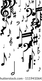 Black Musical Notes on White Background.  Vertical Orientation. Many Random Falling Notes, Bass and Treble Clef. Vector Musical Symbols.  Abstract White and Black Vector Background. Jazz Background. 