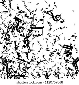 Black Musical Notes on White Background.  Many Random Falling Bass, Treble Clef and Notes. Vector Musical Symbols.  Jazz Background. Abstract Black and White Vector Background.