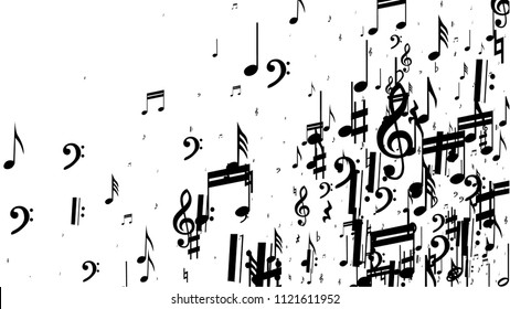 Schwarze musikalische Hinweise auf weißem Hintergrund.  Viele zufällig fallende Bass, Treble Clef und Notizen. Vektormusikalische Symbole.  Abstrakter weißer und schwarzer Vektorhintergrund. Jazzhintergrund. 