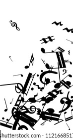 Black Musical Notes on White Background.  Vertical Orientation. Many Random Falling Notes, Bass and Treble Clef. Vector Musical Symbols.  Jazz Background. Abstract White and Black Vector Background.