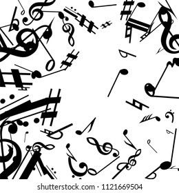 Black Musical Notes on White Background.  Many Random Falling Bass, Treble Clef and Notes. Vector Musical Symbols.  Jazz Background. Abstract Black and White Vector Background.