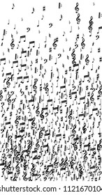 Black Musical Notes on White Background.  Vertical Orientation. Many Random Falling Bass, Treble Clef and Notes. Vector Musical Symbols.  Abstract White and Black Vector Background. Jazz Background. 