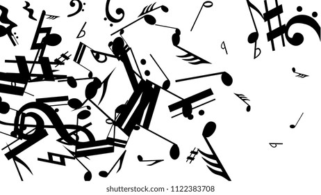 Black Musical Notes on White Background.  Many Random Falling Bass, Treble Clef and Notes. Vector Musical Symbols.  Jazz Background. Abstract White and Black Vector Background.