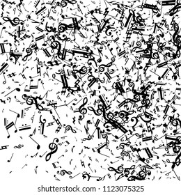 Black Musical Notes on White Background.  Many Random Falling Bass, Treble Clef and Notes. Vector Musical Symbols.  Jazz Background. Abstract Black and White Vector Background.