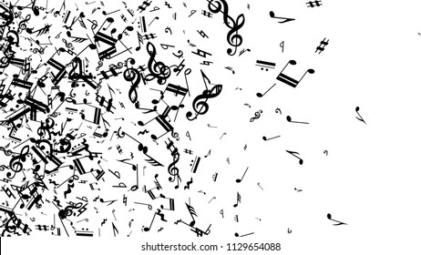 Black Musical Notes on White Background.  Many Random Falling Notes, Bass and Treble Clef. Vector Musical Symbols.  Abstract White and Black Vector Background. Jazz Background. 