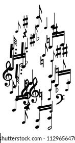 Black Musical Notes on White Background.  Vertical Orientation. Many Random Falling Notes, Bass and Treble Clef. Vector Musical Symbols.  Abstract White and Black Vector Background. Jazz Background. 