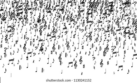 Black Musical Notes on White Background.  Many Random Falling Bass, Treble Clef and Notes. Vector Musical Symbols.  Abstract White and Black Vector Background. Jazz Background. 