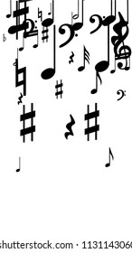 Black Musical Notes on White Background.  Vertical Orientation. Many Random Falling Notes, Bass and Treble Clef. Vector Musical Symbols.  Jazz Background. Abstract Black and White Vector Background.