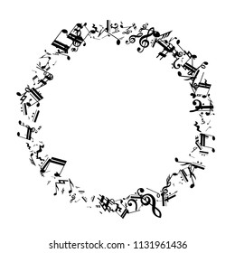Black Musical Notes on White Background.  Many Random Falling Bass, Treble Clef and Notes. Vector Musical Symbols.  Jazz Background. Abstract White and Black Vector Background.