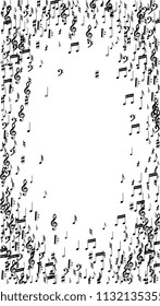 Black Musical Notes on White Background.  Vertical Orientation. Many Random Falling Bass, Treble Clef and Notes. Vector Musical Symbols.  Abstract White and Black Vector Background. Jazz Background. 