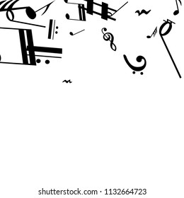 Black Musical Notes on White Background.  Many Random Falling Bass, Treble Clef and Notes. Vector Musical Symbols.  Abstract White and Black Vector Background. Jazz Background. 