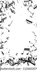 Black Musical Notes on White Background.  Vertical Orientation. Many Random Falling Notes, Bass and Treble Clef. Vector Musical Symbols.  Jazz Background. Abstract White and Black Vector Background.