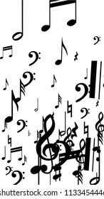 Black Musical Notes on White Background.  Vertical Orientation. Many Random Falling Bass, Treble Clef and Notes. Vector Musical Symbols.  Jazz Background. Abstract White and Black Vector Background.