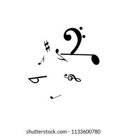 Black Musical Notes on White Background.  Many Random Falling Bass, Treble Clef and Notes. Vector Musical Symbols.  Jazz Background. Abstract Black and White Vector Background.