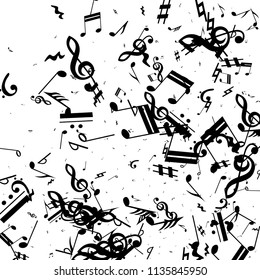 Black Musical Notes on White Background.  Many Random Falling Bass, Treble Clef and Notes. Vector Musical Symbols.  Abstract White and Black Vector Background. Jazz Background. 