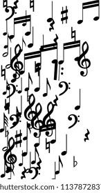 Black Musical Notes on White Background.  Vertical Orientation. Many Random Falling Bass, Treble Clef and Notes. Vector Musical Symbols.  Abstract White and Black Vector Background. Jazz Background. 