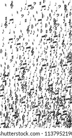 Black Musical Notes on White Background.  Vertical Orientation. Many Random Falling Bass, Treble Clef and Notes. Vector Musical Symbols.  Abstract White and Black Vector Background. Jazz Background. 