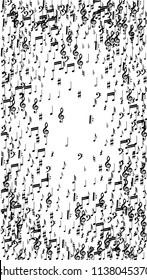 Black Musical Notes on White Background.  Vertical Orientation. Many Random Falling Notes, Bass and Treble Clef. Vector Musical Symbols.  Jazz Background. Abstract White and Black Vector Background.