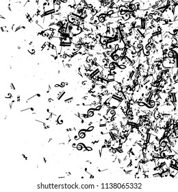 Black Musical Notes on White Background.  Many Random Falling Bass, Treble Clef and Notes. Vector Musical Symbols.  Abstract White and Black Vector Background. Jazz Background. 