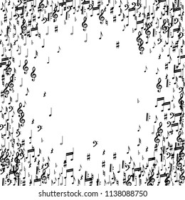 Black Musical Notes on White Background.  Many Random Falling Bass, Treble Clef and Notes. Vector Musical Symbols.  Jazz Background. Abstract White and Black Vector Background.