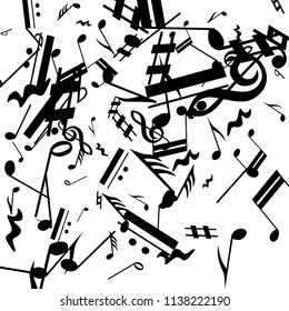 Black Musical Notes on White Background.  Many Random Falling Notes, Bass and Treble Clef. Vector Musical Symbols.  Jazz Background. Abstract Black and White Vector Background.