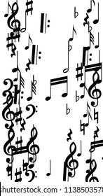 Black Musical Notes on White Background.  Vertical Orientation. Many Random Falling Bass, Treble Clef and Notes. Vector Musical Symbols.  Jazz Background. Abstract White and Black Vector Background.