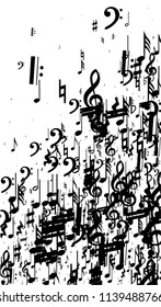Black Musical Notes on White Background.  Vertical Orientation. Many Random Falling Notes, Bass and Treble Clef. Vector Musical Symbols.  Jazz Background. Abstract Black and White Vector Background.