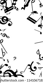 Black Musical Notes on White Background.  Vertical Orientation. Many Random Falling Bass, Treble Clef and Notes. Vector Musical Symbols.  Jazz Background. Abstract White and Black Vector Background.